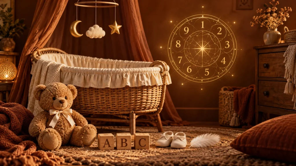 A wicker bassinet with a moon and star mobile, a teddy bear, ABC blocks and baby shoes beside a glowing gold numerology wheel