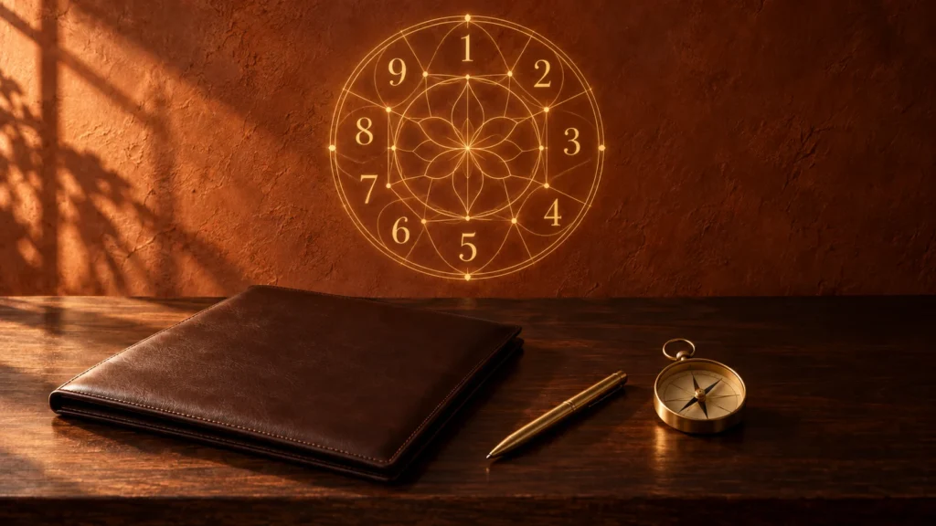 A leather business portfolio, gold pen and brass compass on a walnut desk beneath a glowing gold numerology wheel