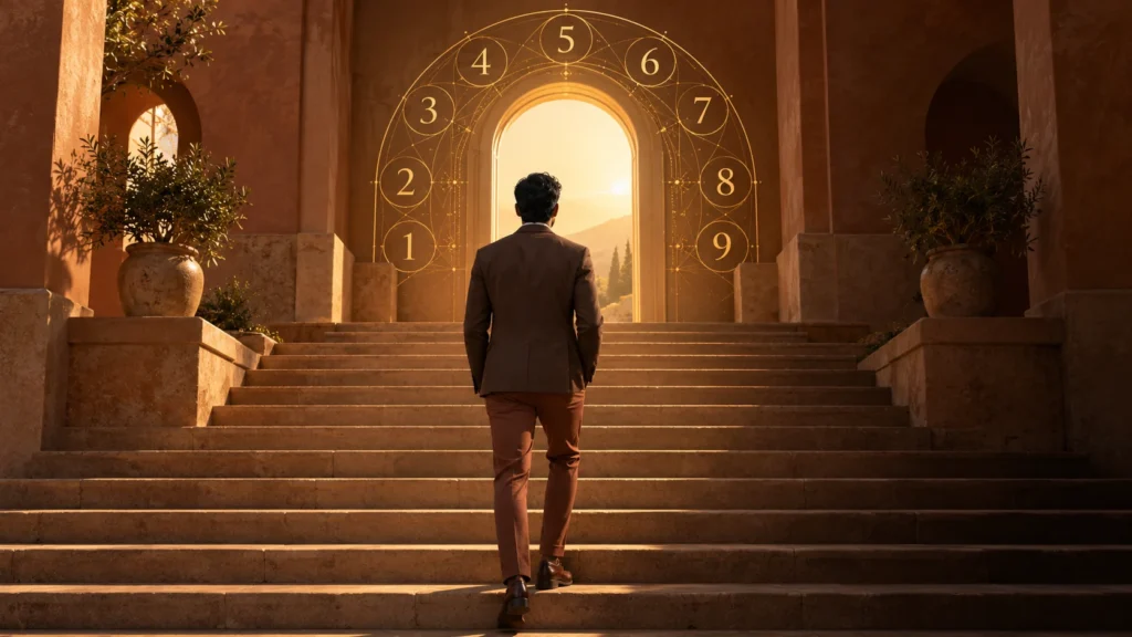 A man climbing sunlit stone steps toward a glowing archway framed by a gold numerology wheel of the digits 1 to 9