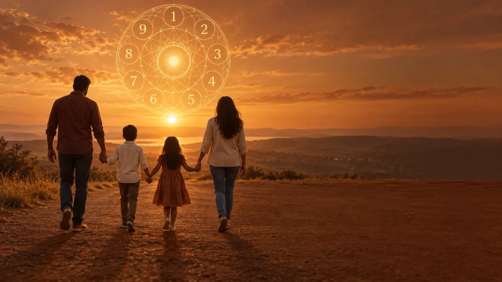 A family of four walking hand in hand toward the sunset beneath a glowing gold numerology wheel