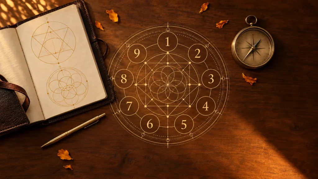 An open journal of sacred geometry, a brass compass and a gold pen around a detailed gold numerology wheel on a walnut desk