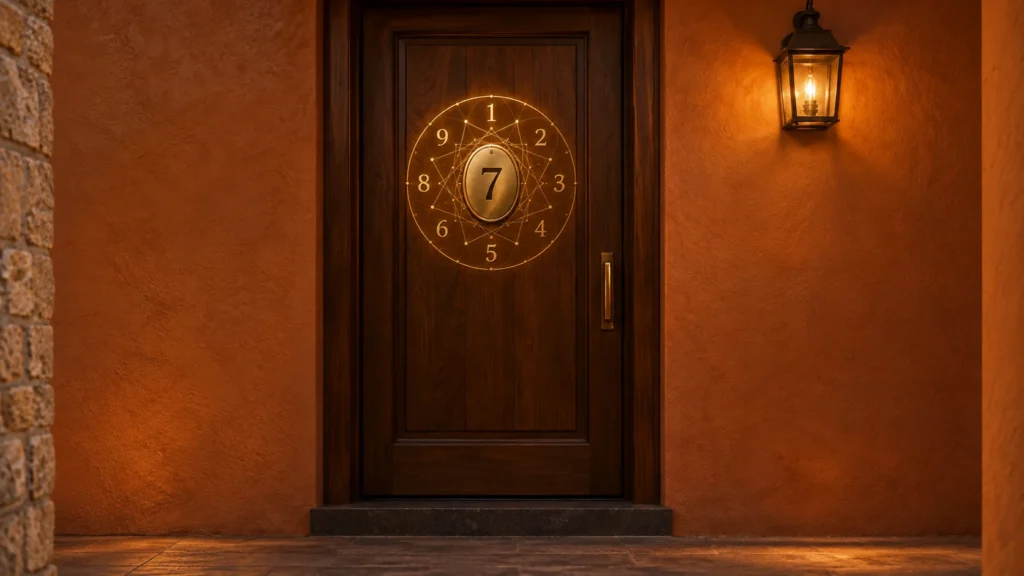 A dark wooden front door with a brass number 7 plaque at the centre of a glowing gold numerology wheel, lit by a wall lantern