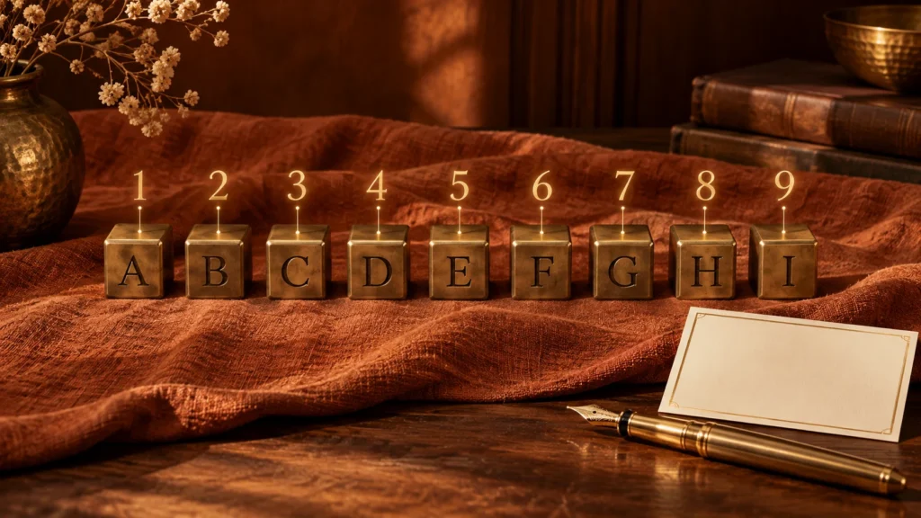 Nine brass letter blocks A to I, each linked to a glowing gold number from 1 to 9, beside a fountain pen and a blank name card