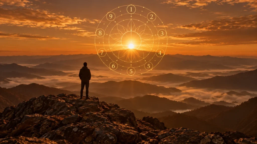 A lone figure on a rocky mountain summit watching the sunrise through a glowing gold numerology wheel above misty valleys