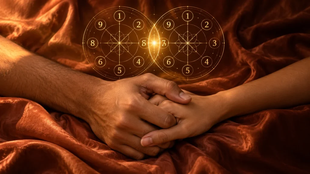 Two hands clasped on terracotta silk beneath two overlapping gold numerology wheels