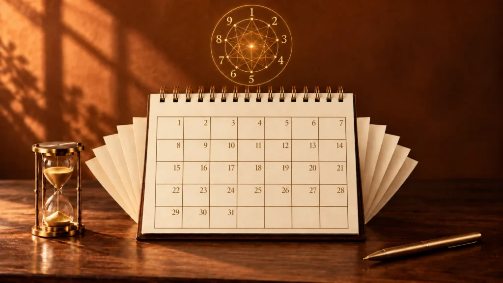 A desk calendar with fanned pages, a brass hourglass and a gold pen beneath a glowing gold numerology wheel
